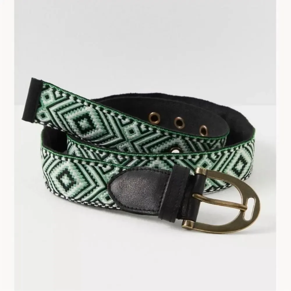 Free People Moving To Mars Cotton Leather Aztec Print Belt Green Size M/L